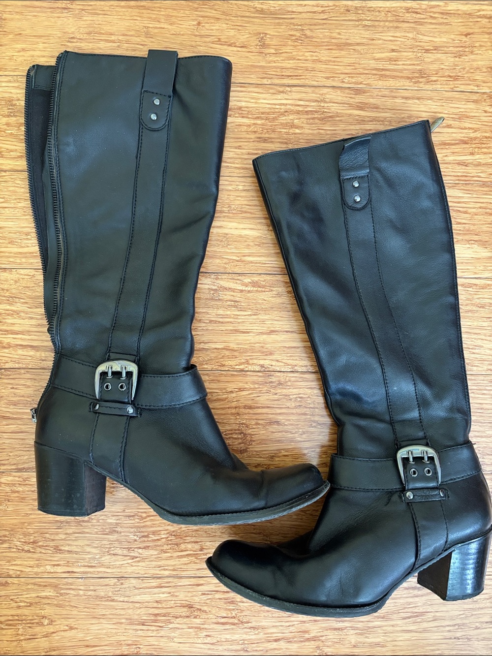 Adrienne Vittadini Black Leather Mid-Calf Heeled Riding Boots